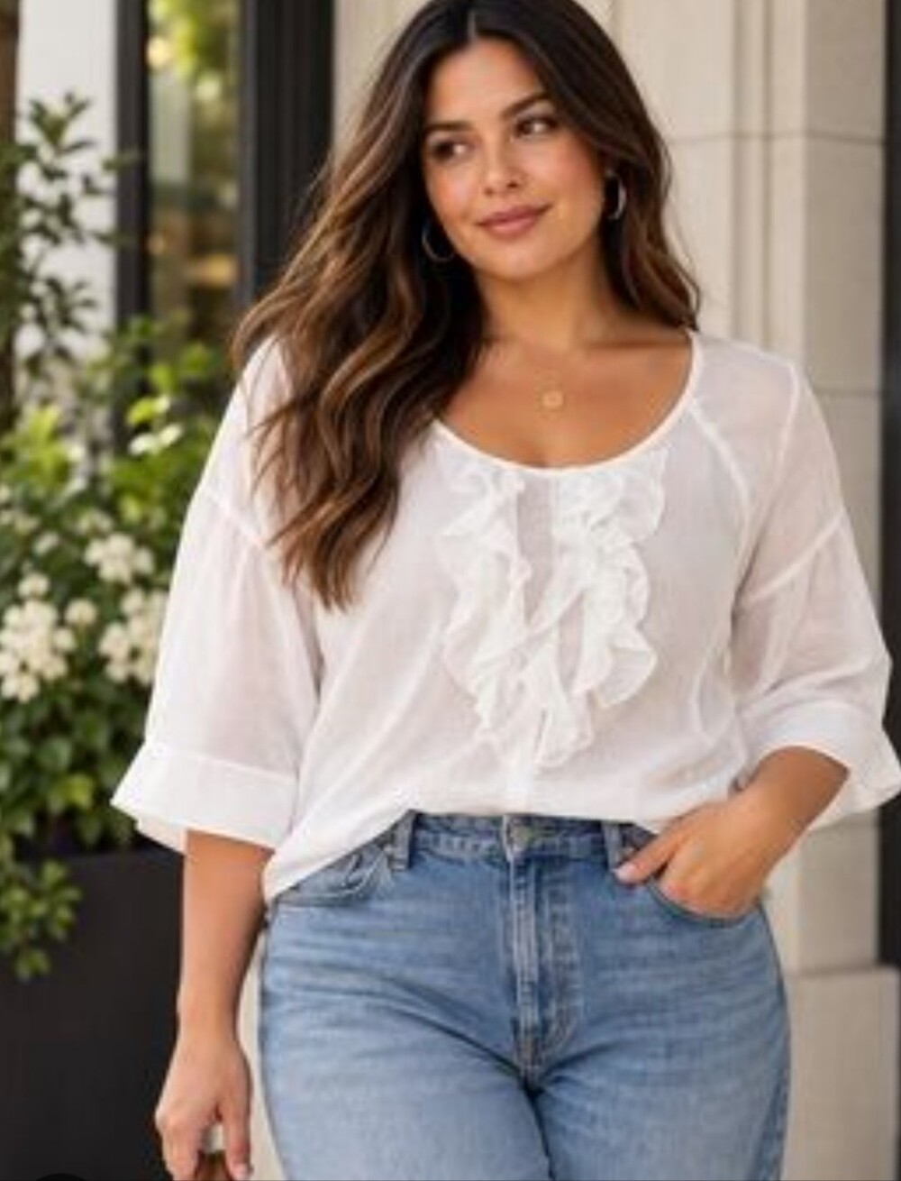 Ptp19" GAP White Silk+Cotton Drop Shoulder Ruffled Bib Collar Blouse